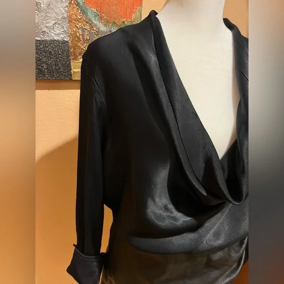 Maeve Anthropologie Black Satin and Vegan Leather Mini Dress. Cowl neck. Size 16 - Picture 6 of 16